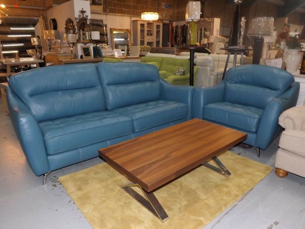 Beckton blaugrünes blaues Leder 3-Sitzer-Sofa und Kuschelstuhl in