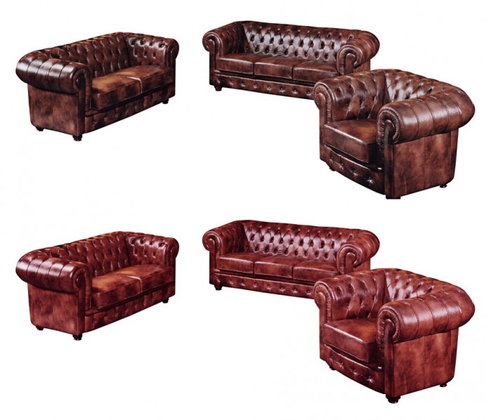 Garnitur 3-tlg Sessel Sofa Leder Wischleder vintage rot braun