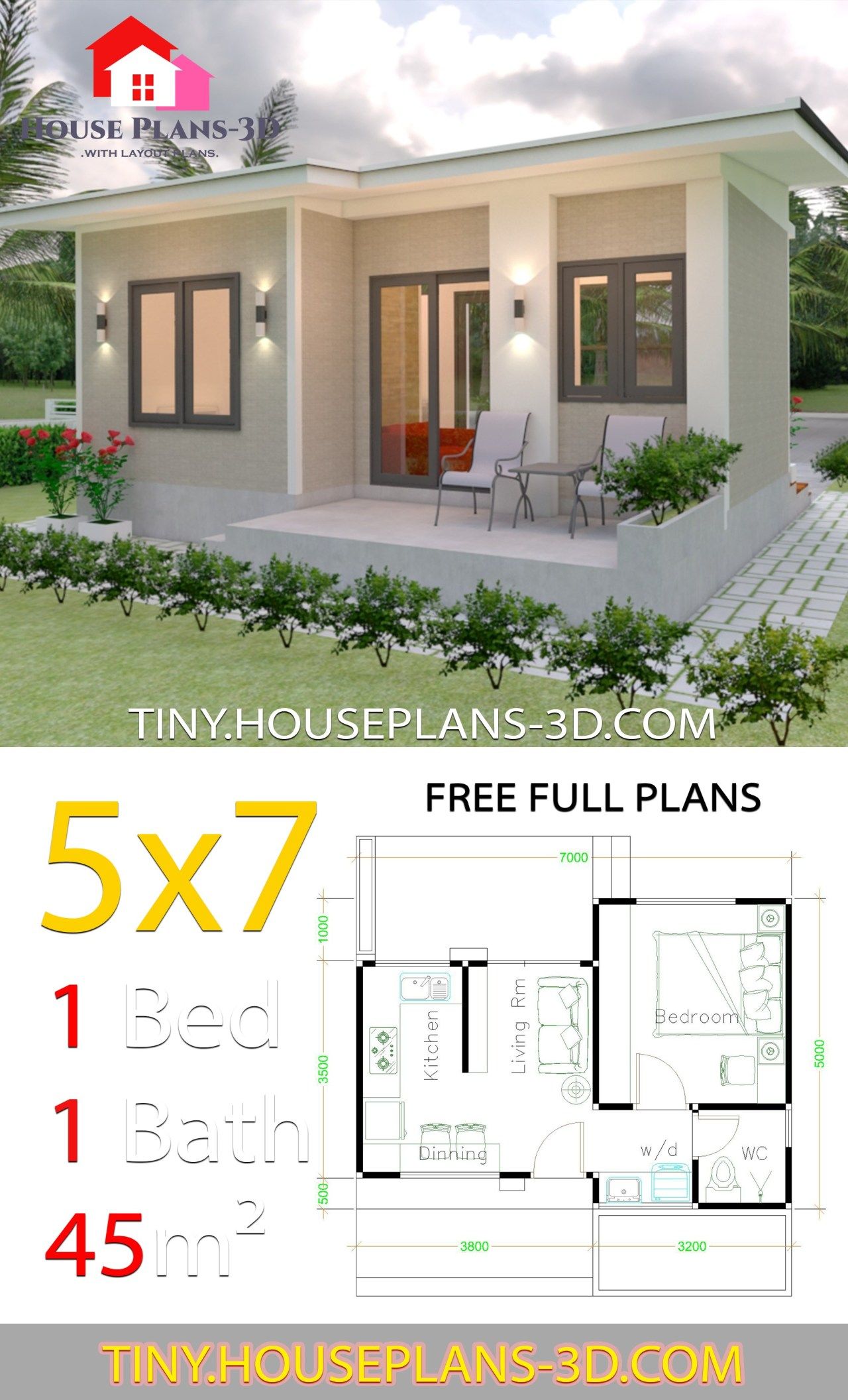 Small House Design Plans 5x7 with One Bedroom Shed Roof - Tiny House Plans