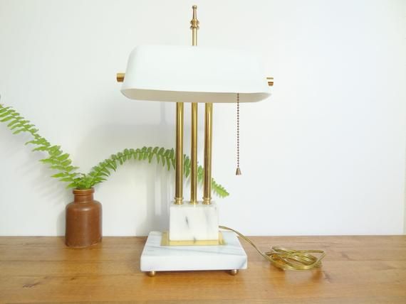 White Marble & Brass Vintage Banker's Desk Lamp, Mid Century Modern