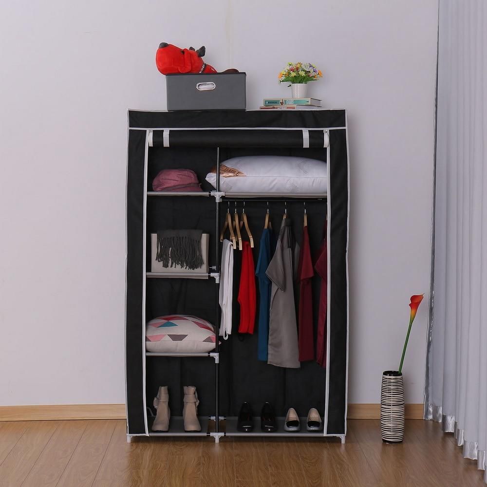 64inch Portable Closet Storage Organizer Wardrobe Clothes Rack With Shelves Black DIY Non-woven Fold Portable Storage Furniture
