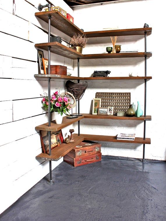 Malin Floor and Wall Mounted Mitred Corner Shelving Unit made with Reclaimed Scaffolding Boards and Dark Steel Pipe