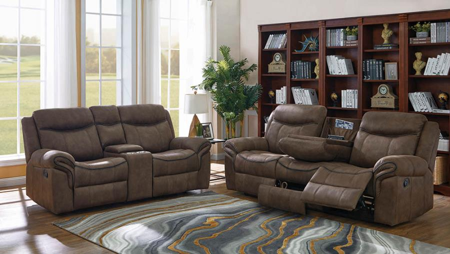 602334-35 2 pc Red barrel studio nyberg sayler II two tone taupe faux suede reclining sofa and love seat set