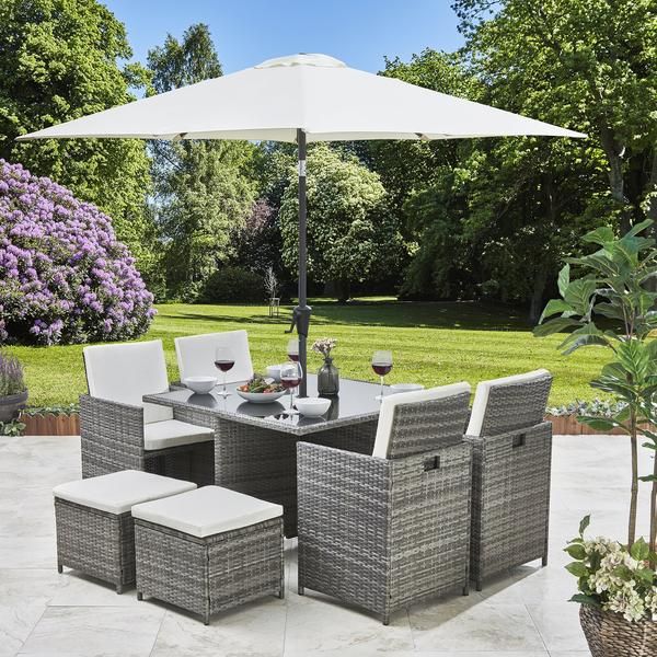 8 Seater Rattan Cube Dining Set with Parasol - (Grey Weave)