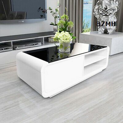 BLACK GLASS COFFEE Table White High Gloss MDF with 2 Storage Drawers Living Room...