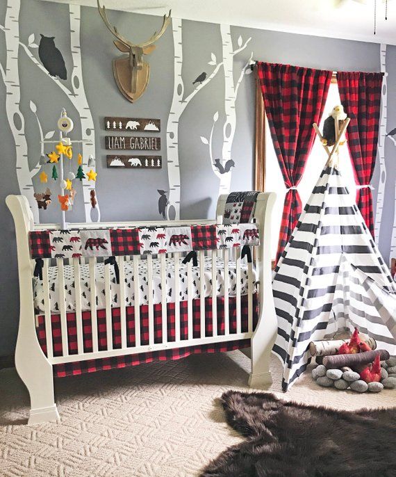 Baby Boy Crib Bedding Set, Lumberjack Baby Bedding,  Mountain Nursery, Woodlands Baby Bear Blanket, Red Buffalo Plaid Skirt,  Arrows, Bears