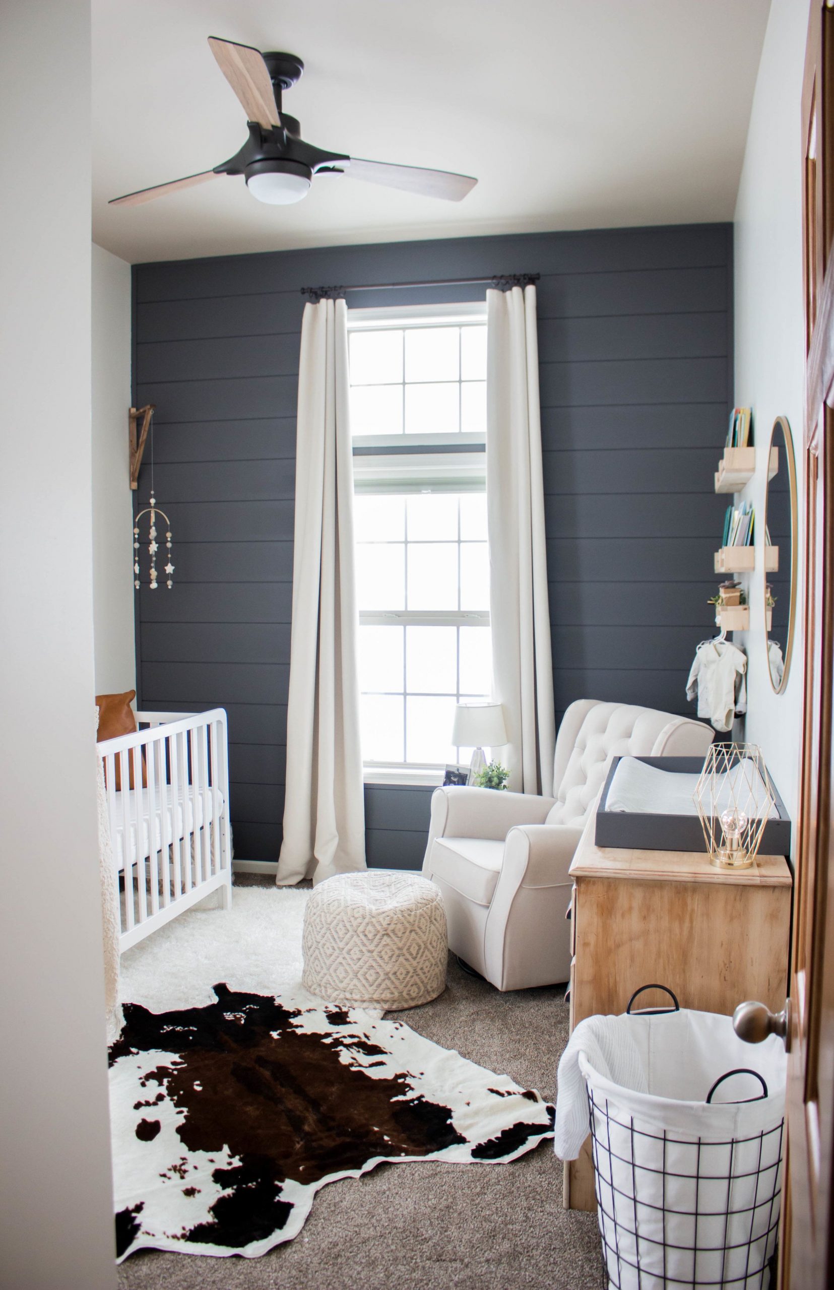 Baby boy nursery with modern farm house vibes. Gray accent wall really make the ...