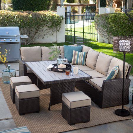 Belham Living Monticello All-Weather Wicker Sofa Sectional Patio Dining Set with Beige Cushions - Walmart.com