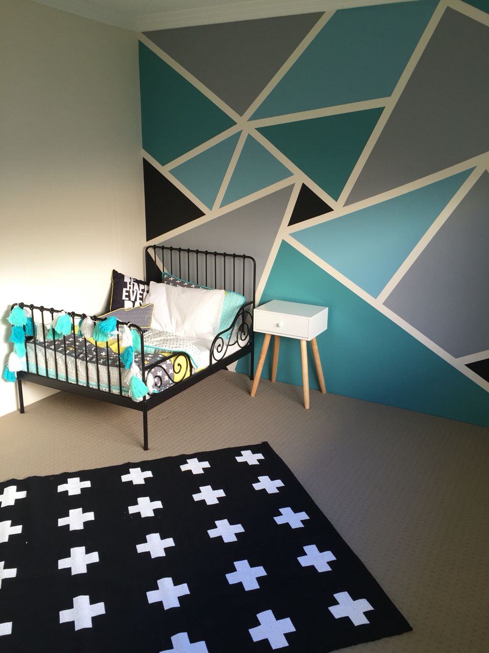 Big boys bedroom withal the IKEA minnen toddler bed frame, Adairs linen and a fu...