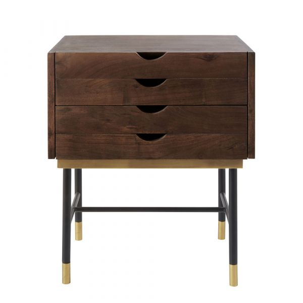 Black Metal and Acacia 4-Drawer Bedside Table