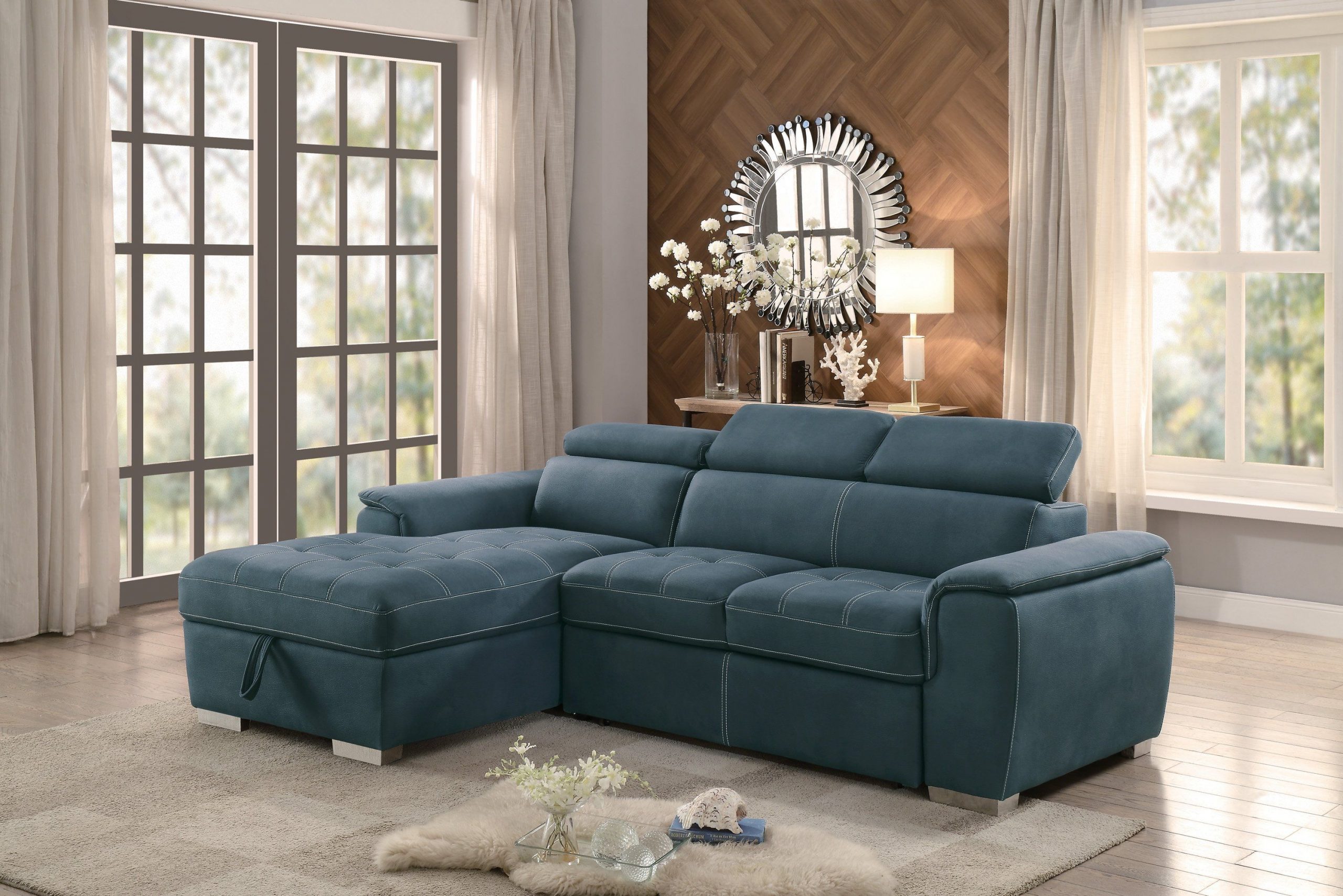 Blue Sectional Sofa with Pullout Sofa Bed and Left-Side Storage Chaise – Ferriday