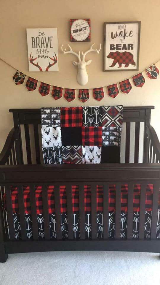 Boy Crib Bedding – Bear, Buck, Black Arrow, Aztec, Red Black Check , and Black Minky, Woodland Nursery Set