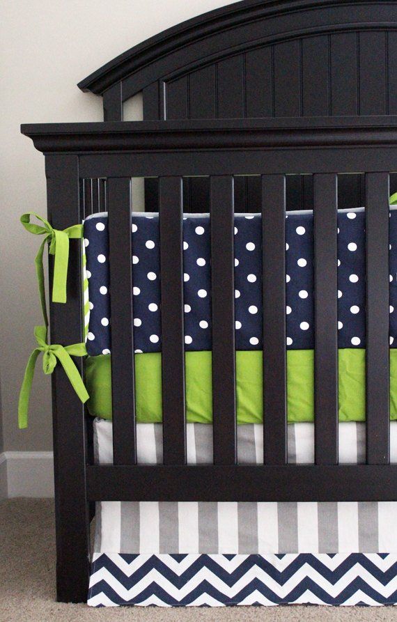 Boy Crib Bedding Set, Baby Nursery Crib Set, Navy Blue Polka Dot Bumper Pad, Lime Green Crib Sheet, Gray Stripe and Chevron Skirt