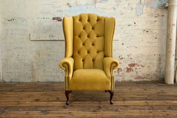 British Handmade Mustard Gold Velvet Chesterfield Highback Wing Chair