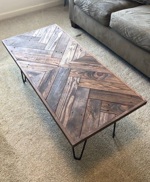 Chevron Table, Herringbone Coffee Table With Hairpin Legs, Coffee Tables, Wooden Pallet Table, Sofa Table, Pallet Furniture, Rustic Table, E