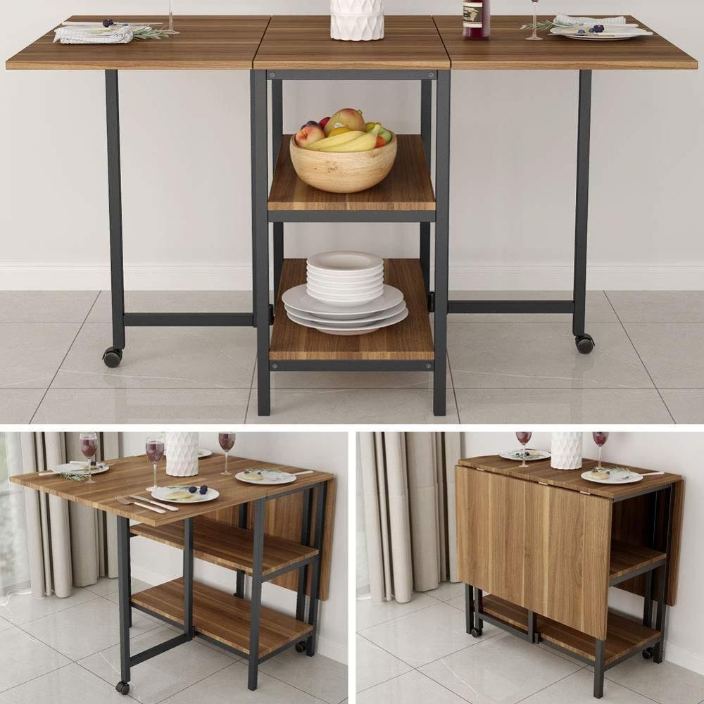 Folding dining table expandable double drop leaf 2-tier storage shelf 2 lockable casters home kitchen use chairs not included