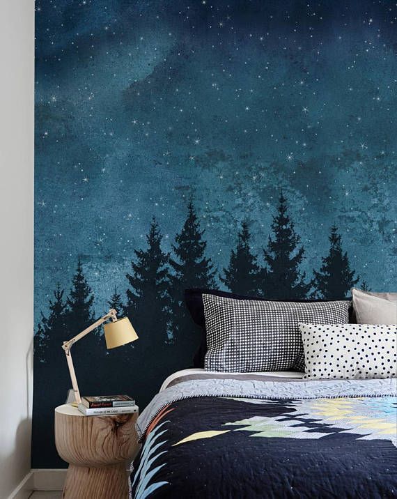 Forest Trees Night Scene Mural Wallpaper, Navy, Extra Large Wall Art, Peel and Stick Wall Mural