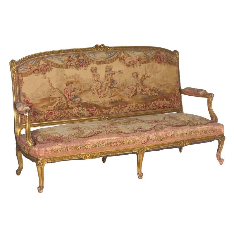 French Louis XV Style Aubusson Upholstered Antique Settee Sofa, Paris C. 1890