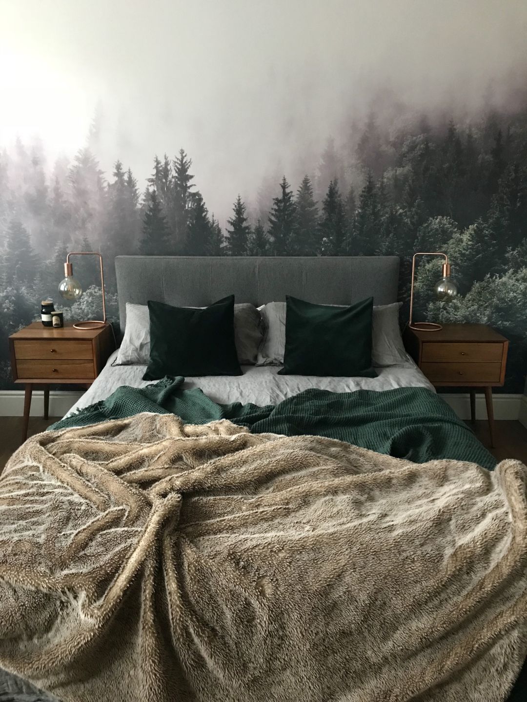 From Boring Beige to Forest Chic – Master Bedroom Before and After Forest mura...