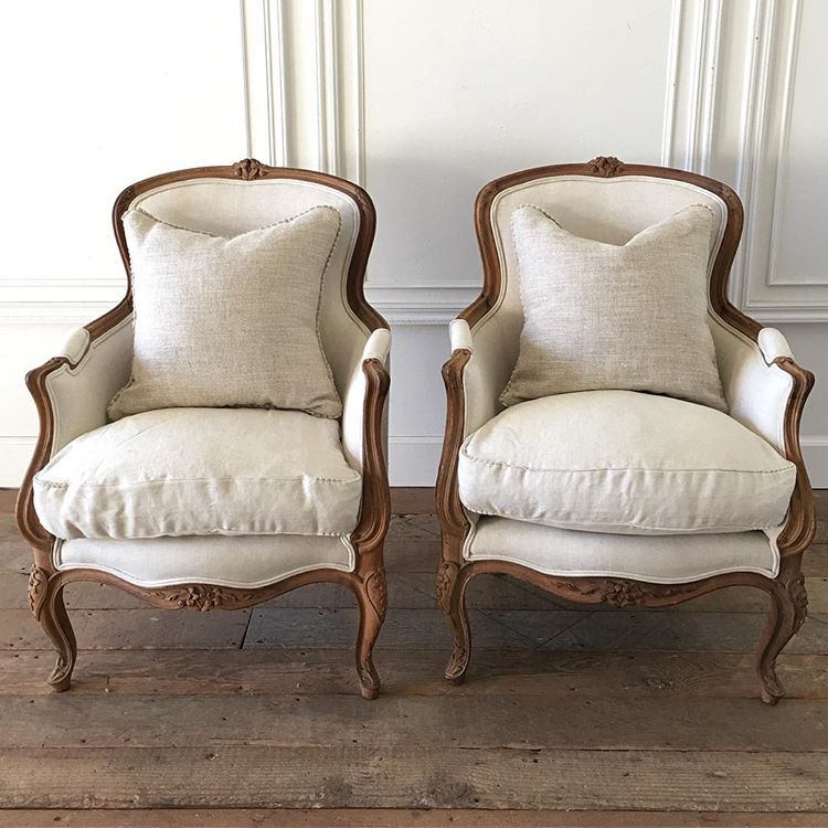 Full Bloom Cottage on Instagram: “Handsome pair of wood carved bergeres in oatmeal linen coming soon…. #french #bergeres #antiques #organiclinen”