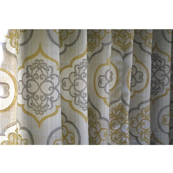 Geometric Light Gold Damask Curtain Panels 52″x96″ Grommet Drapes Valence Bedroom Window Treatments