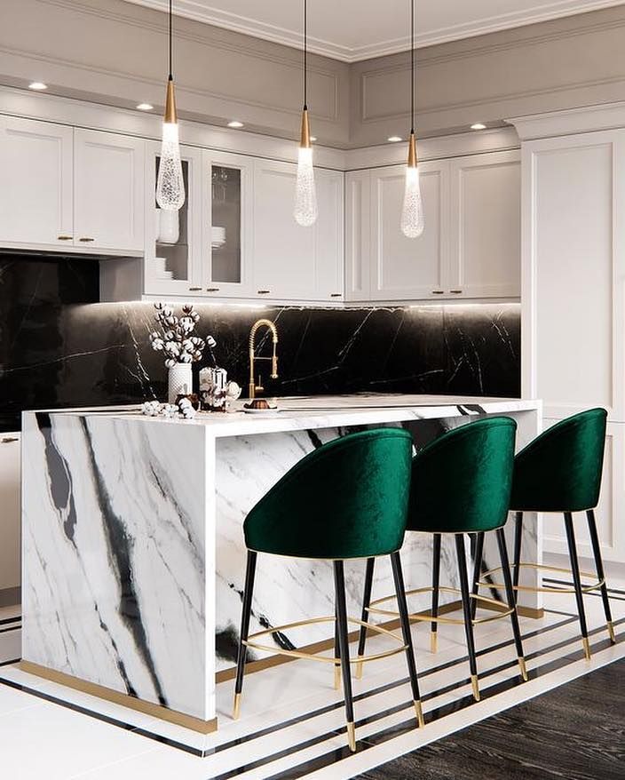 GreyHunt Interiors on Instagram: “Isn’t this kitchen just STUNNING!! I love how the green barstools pop from this high contrast kitchen!! It also happens to be one of my…”