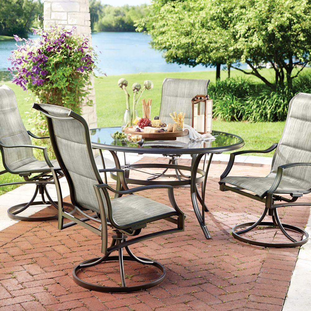 Hampton Bay Statesville 5-Piece Padded Sling Patio Dining Set with 53 in. Glass Top-FCS70357CS-ST – The Home Depot