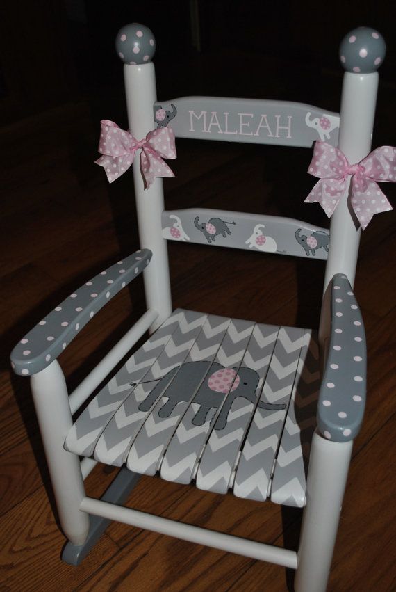 Handpainted Rocking Chair-Kids Rocking Chairs-Rocking Chair-Nursery Furniture-Baby Shower-Toddler Gift-Chevron- Pink Elephant-Girls