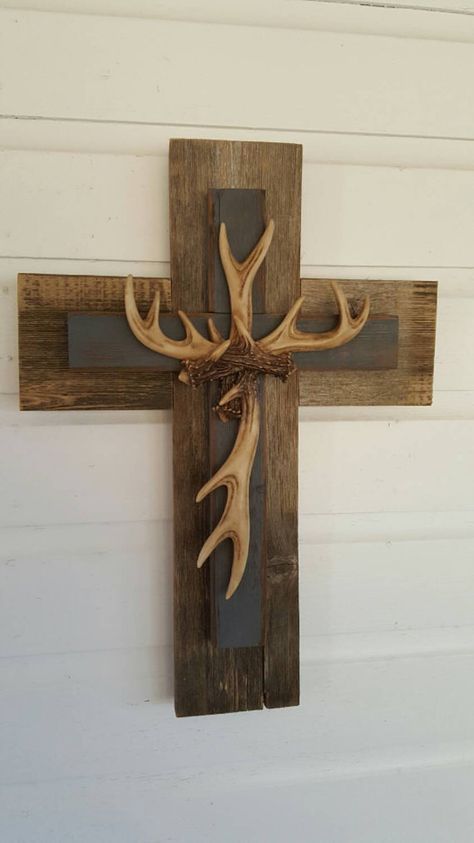 Hunter Unique Rustic Country Slate Gray Deer Antler Cross Hanging Decor Reclaimed Repurposed Recycled Wall Cross Cedar Wood GIFT For Hunter