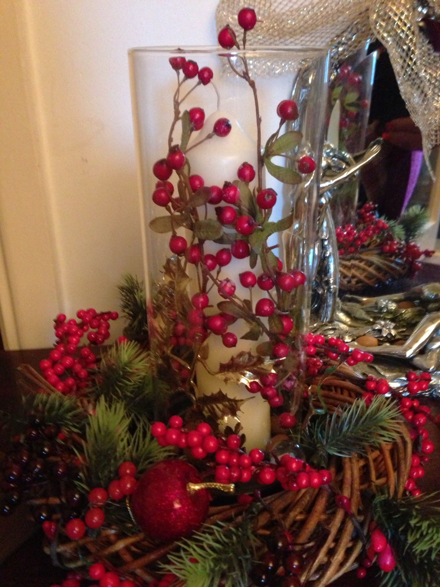 Hurricane lamp with berries.  Great and easy for our ABF Christmas Party at ABOC…