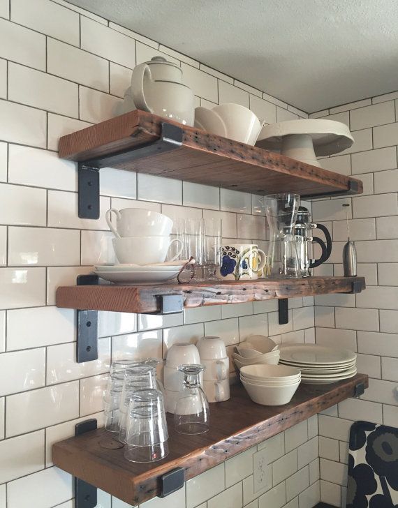 Items similar to 28″ x 9″ Reclaimed Wood Shelf with Two Handcrafted Metal Shelf Brackets (can be customized) on Etsy