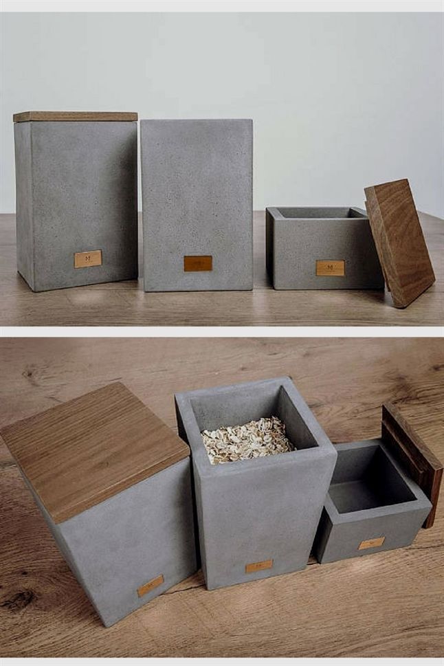 J’aime ces boîtes de rangement en béton et en bois. Le petit élément de cuivre …