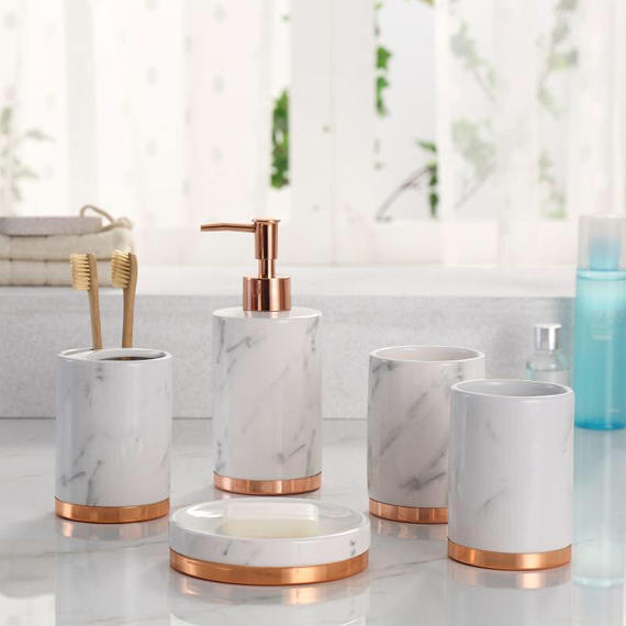Marble Look with Rose Gold Trim 5 Piece Bathroom Accessory Set – **SHIPS FROM USA**