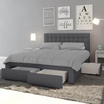 Martina Fabric King Bed with Storage Drawers – Dark Grey