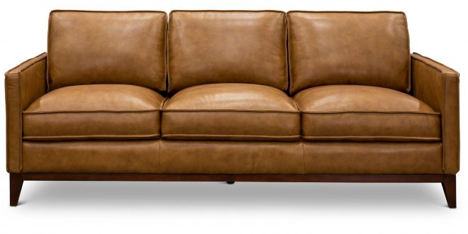 mid century modern camel brown leather sofa - newport