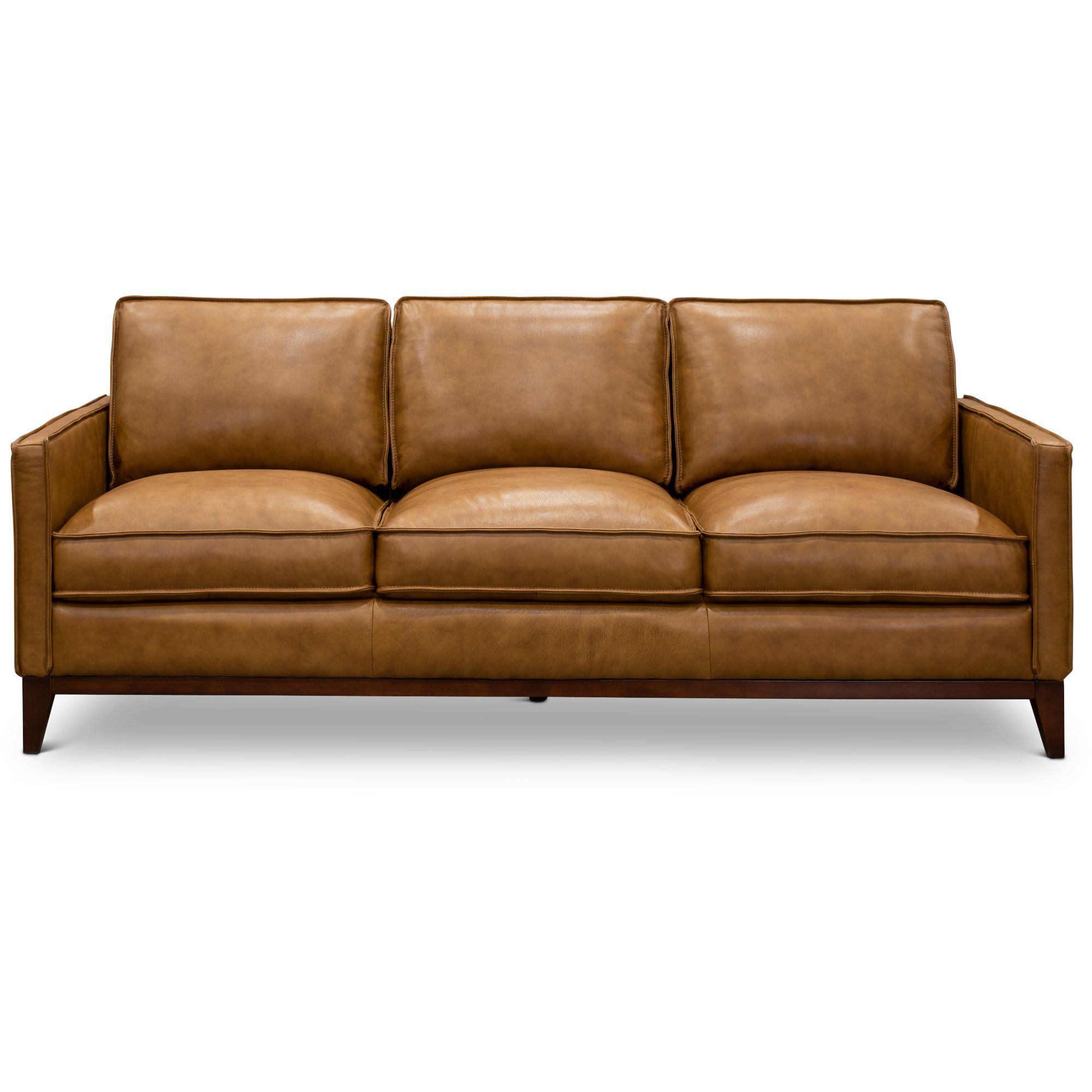 Mid Century Modern Camel Brown Leather Sofa - Newport