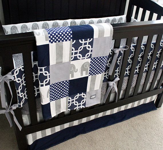 Navy Blue, Gray Boy Nursery Bedding Crib Set, Modern Geometric Bumper Pad, Minky Crib Sheet, Grey Striped and Solid Navy Skirt