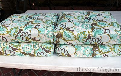No Sew Project: How to recover your outdoor cushions using fabric and a glue gun.