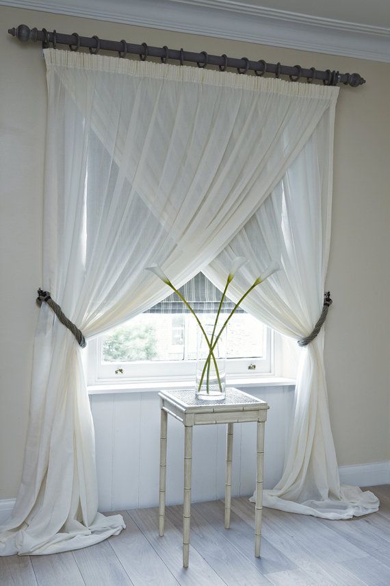 Pair (2 panels) unlined semi sheer, white linen curtains, ROD POCKET curtains, custom made drapes, solid white panels,