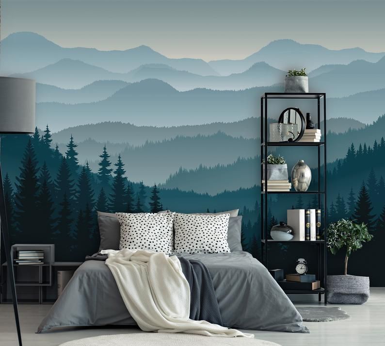 Removable Peel ‘n Stick Wallpaper, Self-Adhesive Wall Mural, 3D Mountain Mural Wallpaper, Nursery • Ombre Blue Mountain Pine Forest Trees