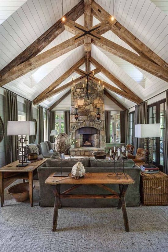 Rustic Living Room Design Ideas With A Stone Clad Fireplace And Wooden Beams