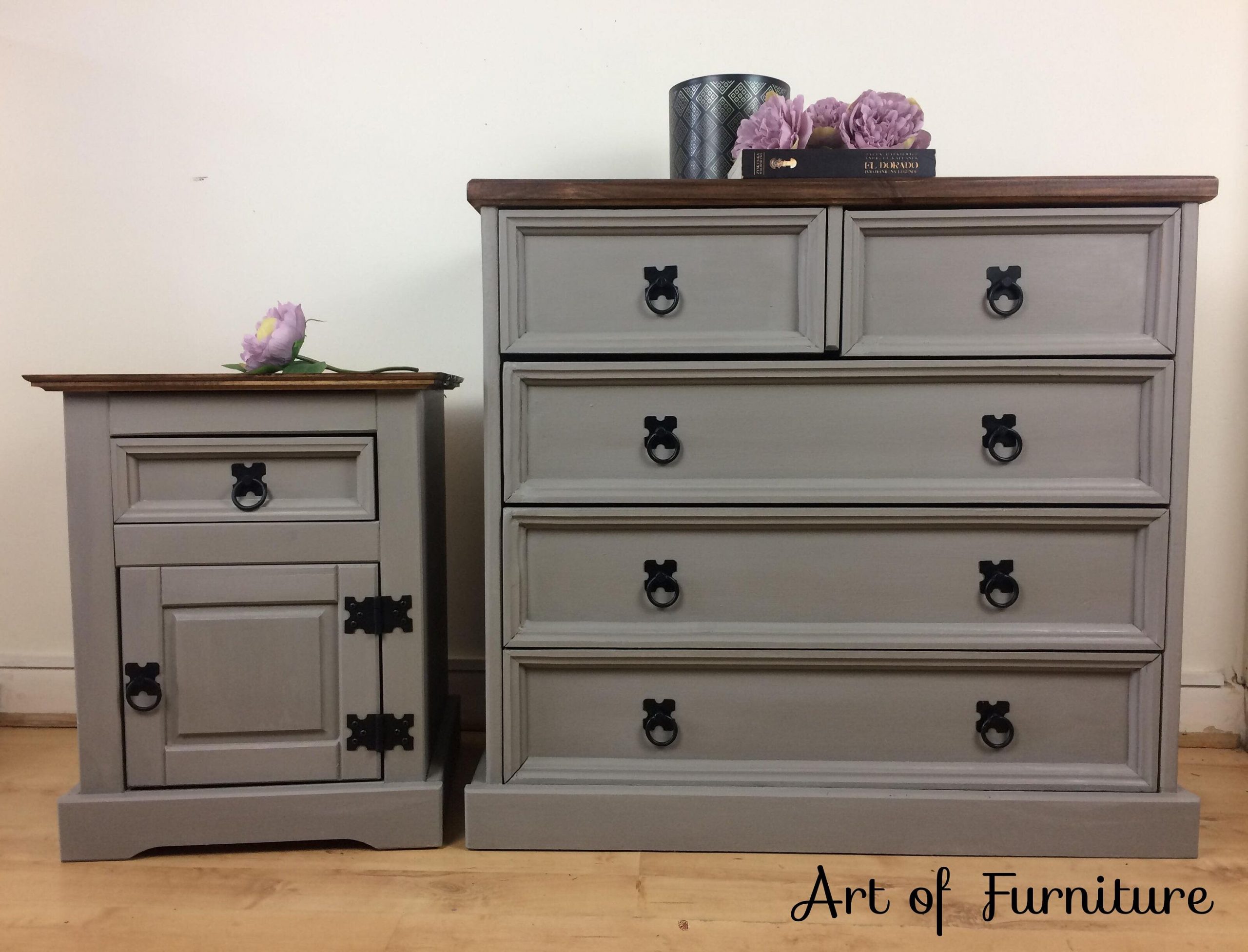 SOLD Mexican Pine Bedroom Furniture Chest of Drawers and bedside table hand painted in ANNIE SLOAN French Linen Chalk Paint Upcycled
