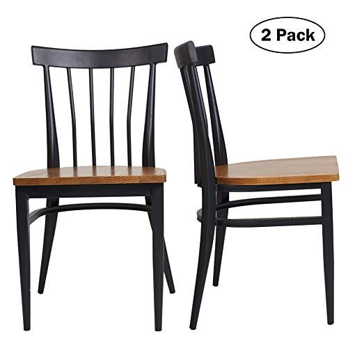 Set of 2 Dining Side Chairs – Natural Wood Seat and Sturdy Iron Frame Simple Kitchen Restaurant Chairs for Dining Room Cafe Bistro, Ergonomic Design,Comb Back
