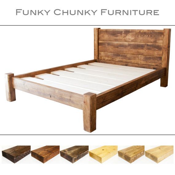Solid Wooden Chunky Bed Frame in a Choice of Sizes Single, Double, Kingsize, Super King and Rustic Wax Finishes with Treble Plank Headboard