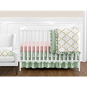 Sweet Jojo Designs 11-Piece Boutique Ava Mint Coral White and Gold Trellis Girls Baby Bedding...