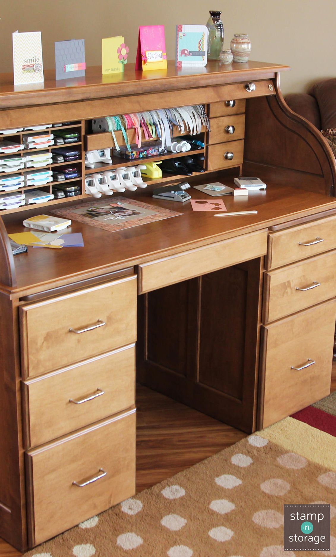 The Stamp-n-Storage Roll-Top Desk, made of solid wood, is specially designed to ...