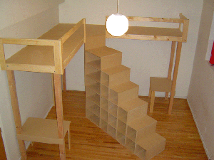 These loft beds are GENIUS! Talk about space-saving! 2 beds, 2 desks and WAY more storage than 2 dressers. Secure a railing on those steps and its the perfect dorm setup!