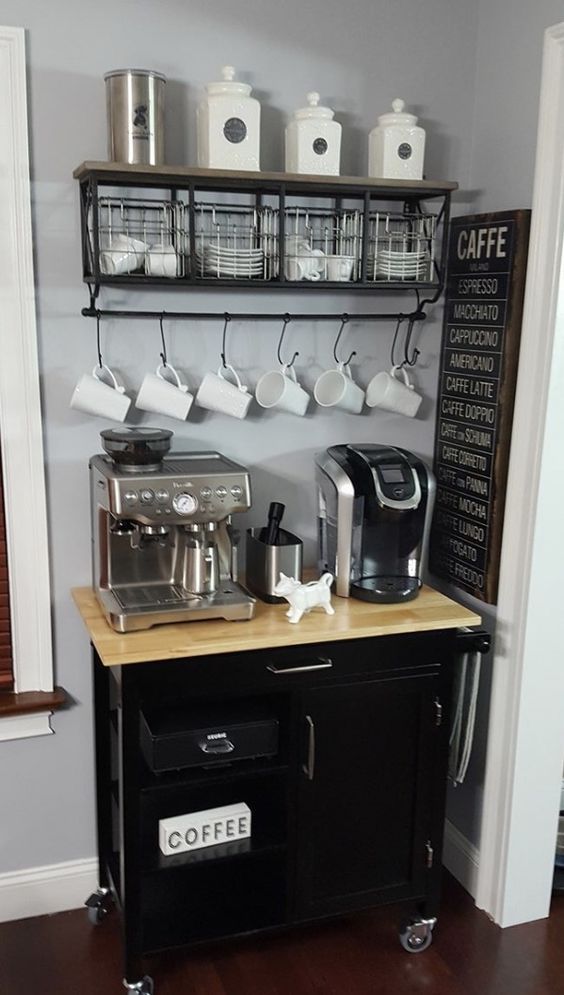 This coffee bar on wheels is perfect for the space in this home. As you can see,...