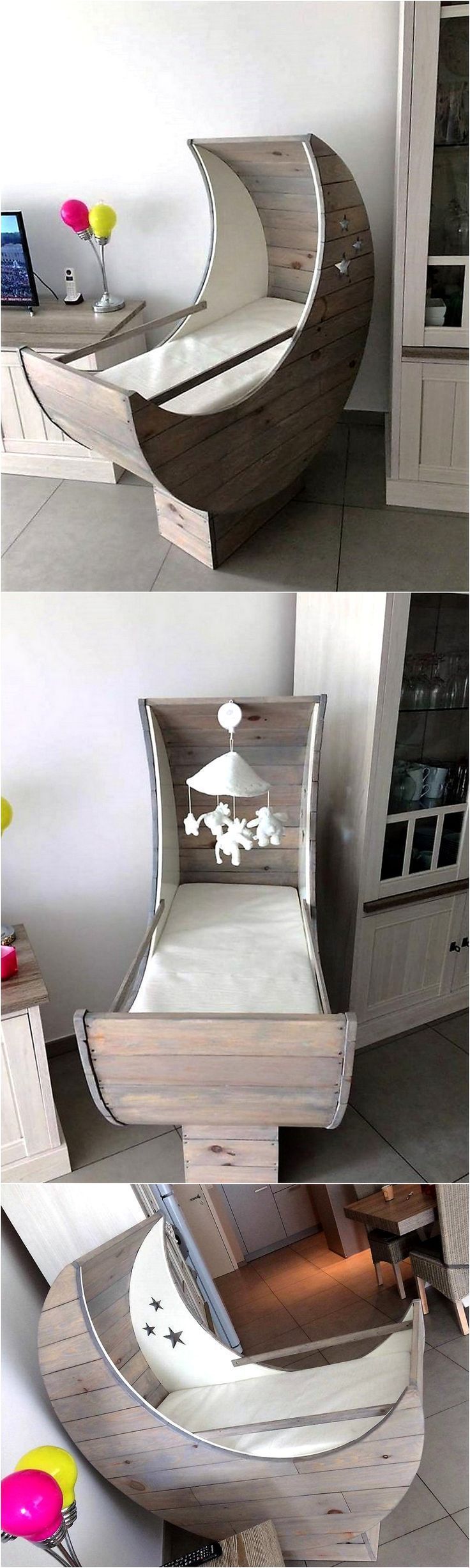 This is a pallet wood made baby cradle half moon. First tell me how about the id…