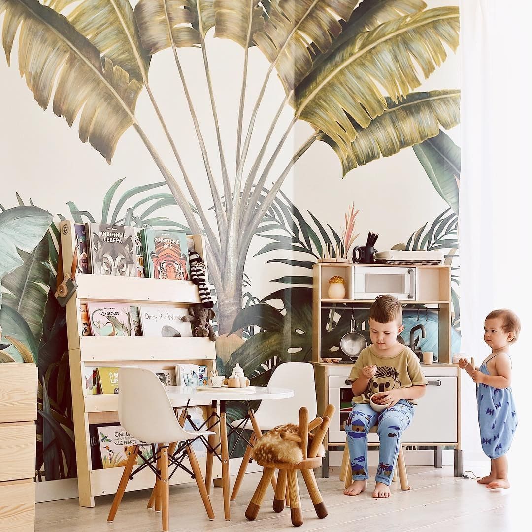 Tidy Books - Kid's bookcases on Instagram: “Imagine you're in a rainforest.  No, wait a beach lined with palm trees!  We adore this kid's interior by @irina_pushko combining natural…”